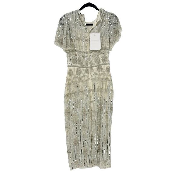 Mac Duggal Embellished Sequined Knee-Length Dress Nude Silver Size 6 NWT - Picture 9 of 12